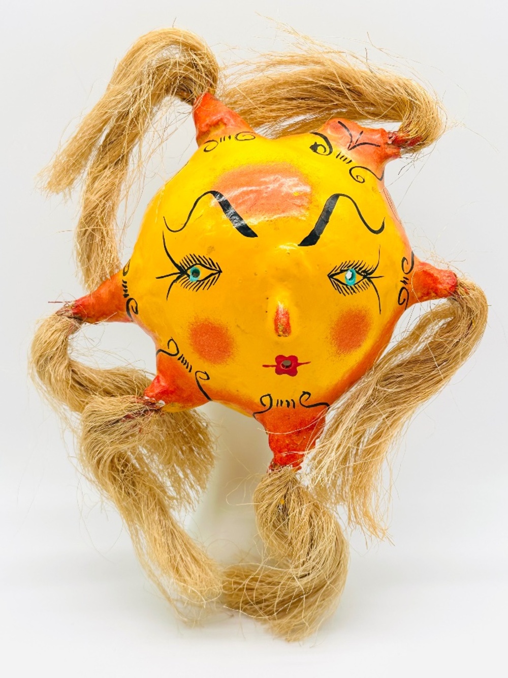 VTG Mexican Folk Art Sun Mask Coconut Shell Straw Hair Hand Painted Wall Hanging